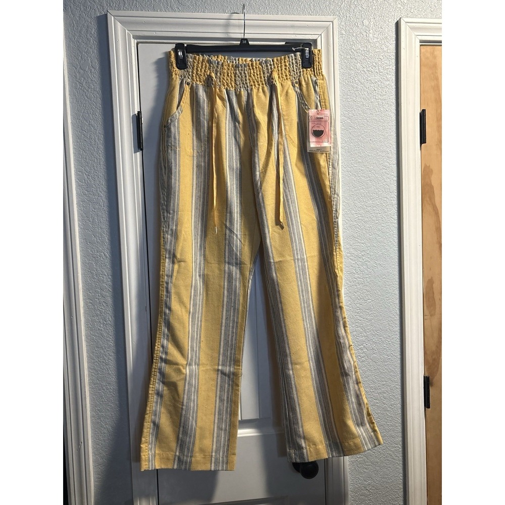 Cisono Women's Striped Wide Leg Pants Large Pull On Smocked Waist Linen Blend